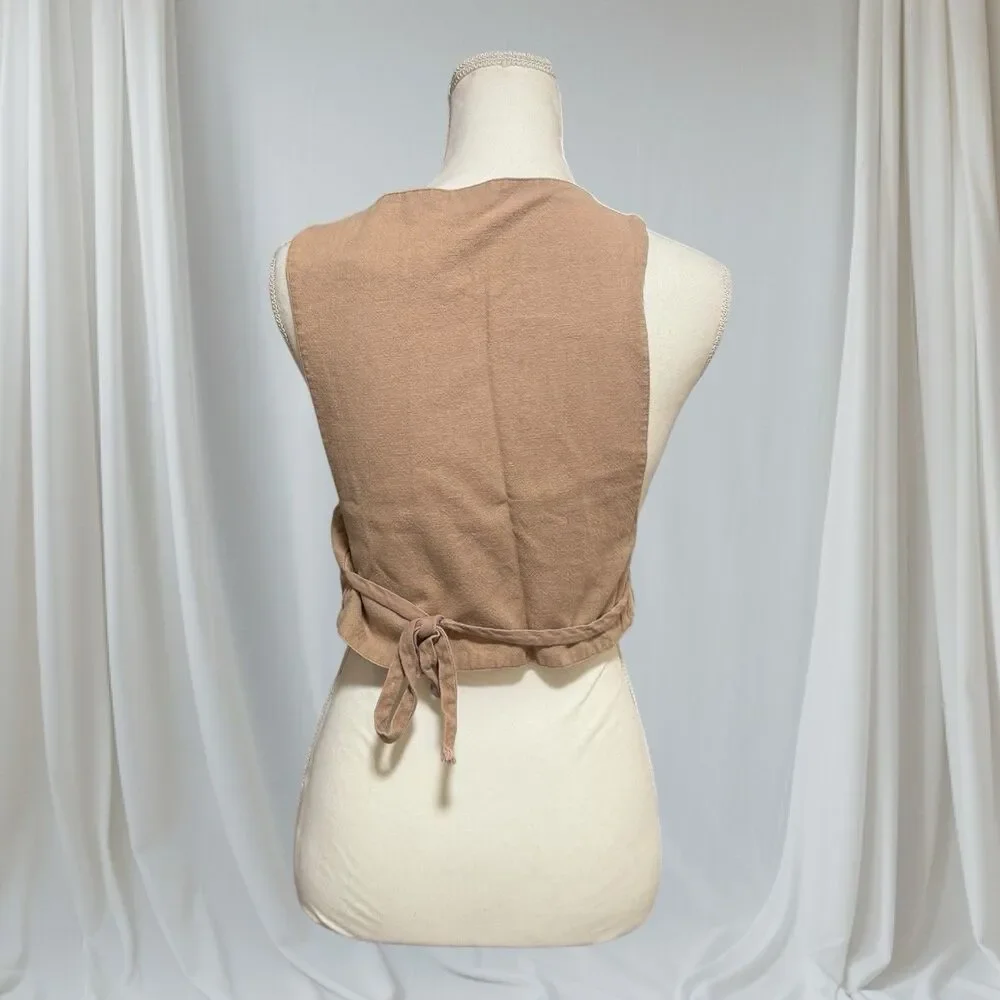 Cropped Waistcoat‎ Vest Womens Size 11 Tan Excellent Button Front Tie Back - Picture 3 of 6